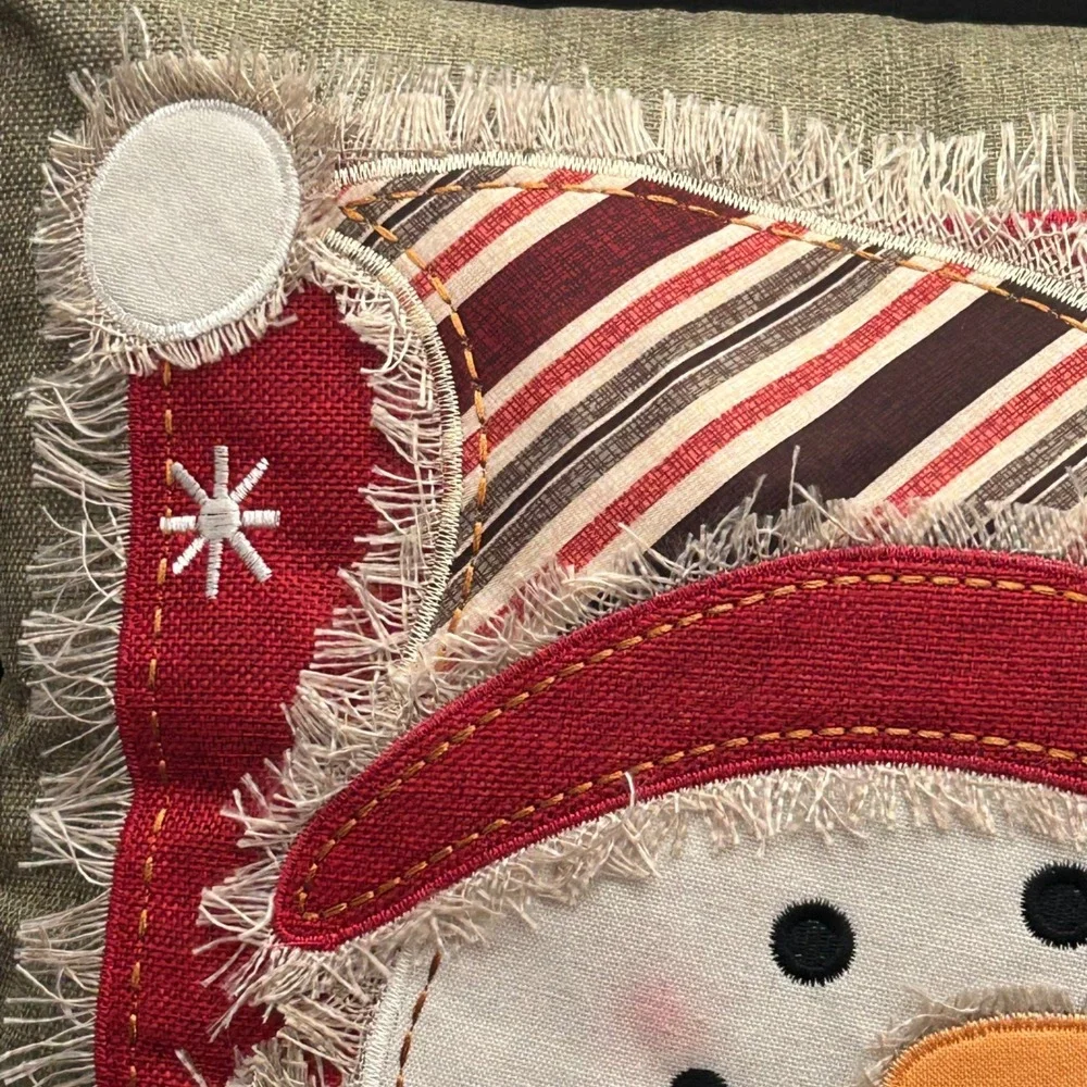 Christmas Snowman Throw Pillow 16x16 Rustic Applique Embroidered Holiday Decor